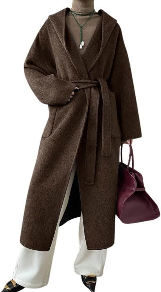 Women's Winter Open Front Belted Wool Coat Casual Loose Hooded Midi Long Winter Pea Coat