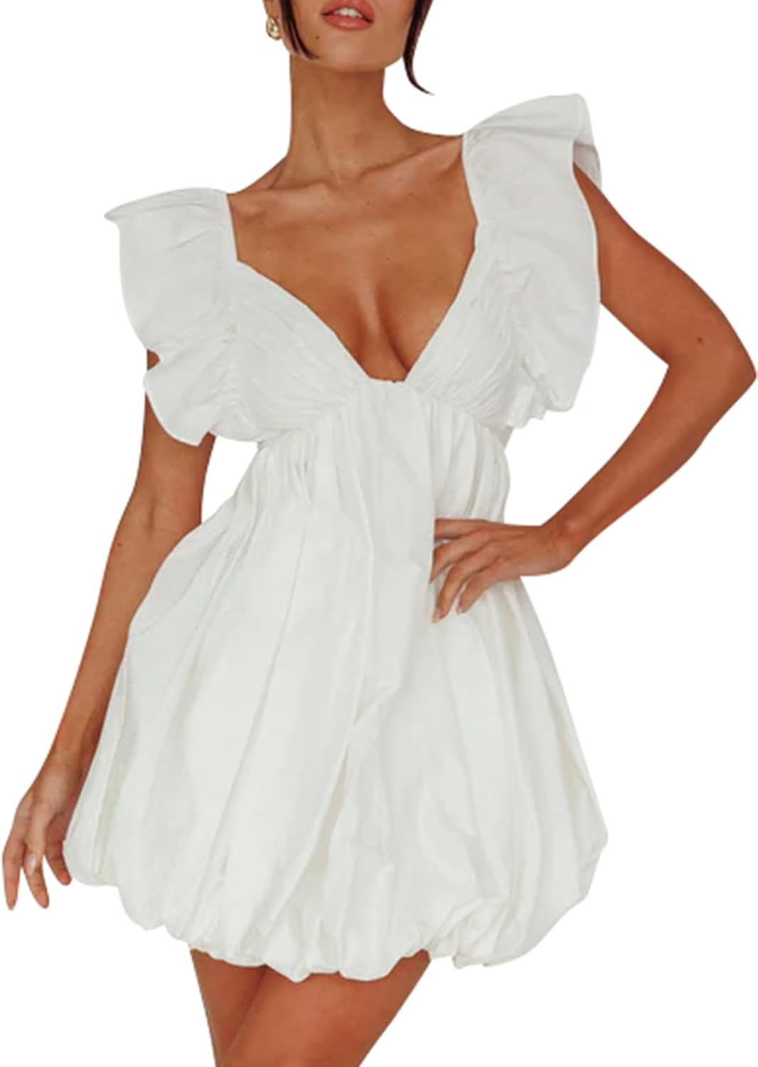 Summer Mini Dress Deep V-Neck Babydoll Dress Bubble Dress Backless Lace Up Sexy Short Dress - Image 2