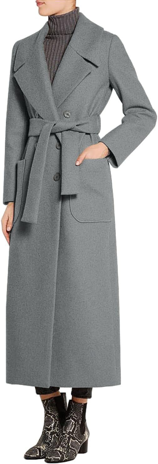 Women's Elegant Lapel Collar Double Breasted Regular Wool Blend Overcoat Coat Belt