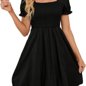 Women's Summer Bubble Dresses 2026 Trendy Casual Short Sleeves Square Neck Cute Aline Tiered Sundresses with Pockets