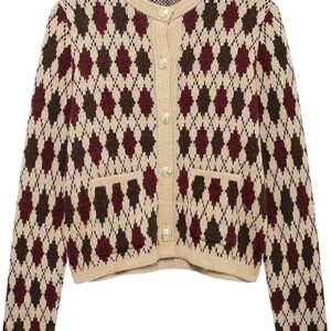 Trendy Fall Argyle Cardigan for Women  Preppy Plaid Knit Sweater Round Neck Button Down Knitwear
