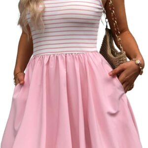 Women's Casual Bubble Mini Dress with Pockets Sleeveless Bubble Hem Striped Tank Short Dresses Summer