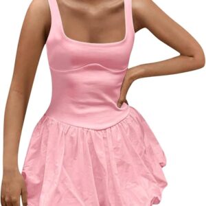Women Puffy Bubble Hem Mini Dress Sleeveless Sexy Summer Going Out Clubwear