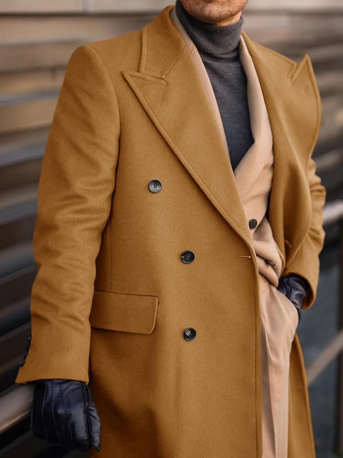 Mens Wool Blend Casual Trench Coat Notched Collar Lapel Long Jacket Peacoat Double Breasted Classic Winter Overcoat - Image 2