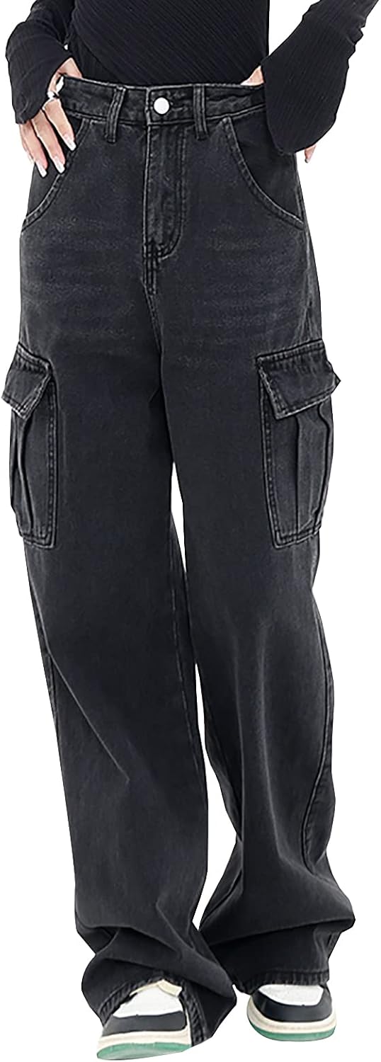 Women's High Waisted Cargo Jeans Straight Wide Leg Stretch Baggy Jean Casual Loose Denim Cargo Pants Trousers - Image 2