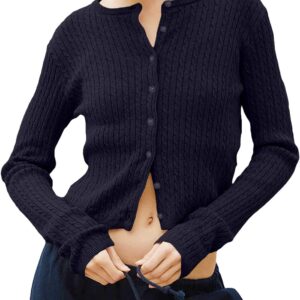 Women Cute Button Down Open Front Cable Knit  Crop Sweater Cardigan Long Sleeve Pullover Fall Preppy Outfits