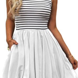 Women's Casual Bubble Mini Dress with Pockets Sleeveless Bubble Hem Striped Tank Short Dresses Summer