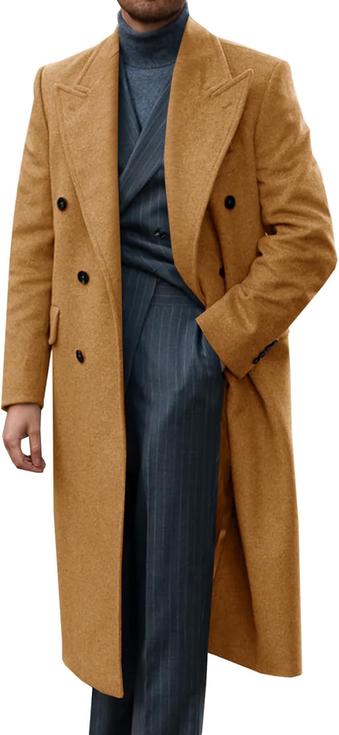 Mens Wool Blend Casual Trench Coat Notched Collar Lapel Long Jacket Peacoat Double Breasted Classic Winter Overcoat