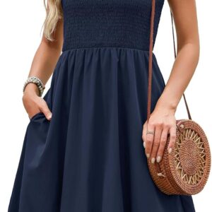 Womens Summer Smocked Sun Dress with Pockets 2026 Trendy Spaghetti Strap Boho Beach Casual Midi Bubble Dresses
