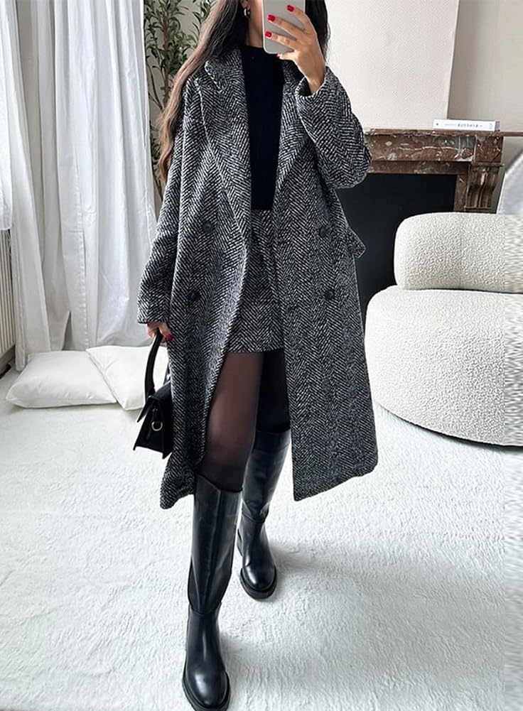 Women's Winter Casual Herringbone Wool Coat Double Breasted Notch Collar Dressy Long Trench Coat - Image 2