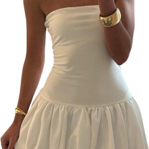 Women Strapless Mini Dress Tube Top Bubble Skirt Off Shoulder Corset Top Balloon Short Dress Club Party