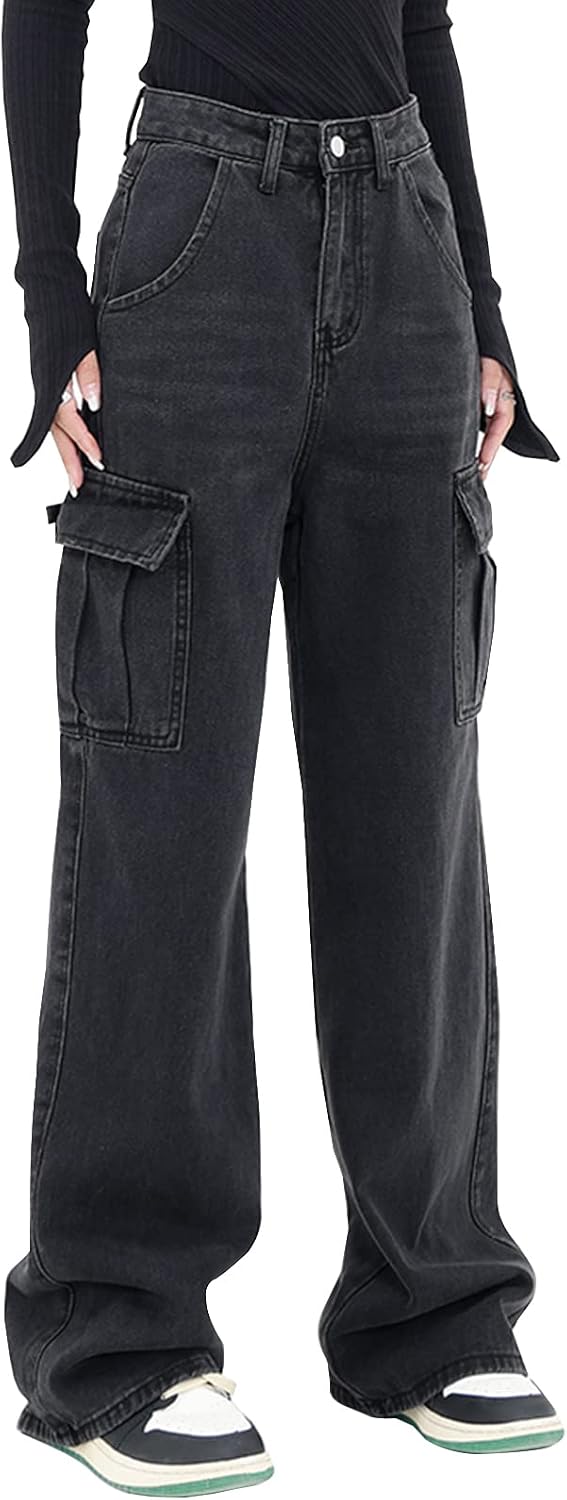 Women's High Waisted Cargo Jeans Straight Wide Leg Stretch Baggy Jean Casual Loose Denim Cargo Pants Trousers