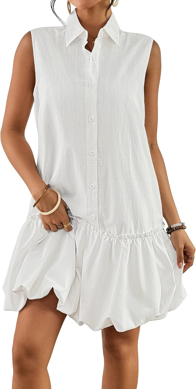 Womens Casual Summer Dresses Sleeveless Linen Bubble Mini Short Dress Button Down Shirt Sundress with Pockets