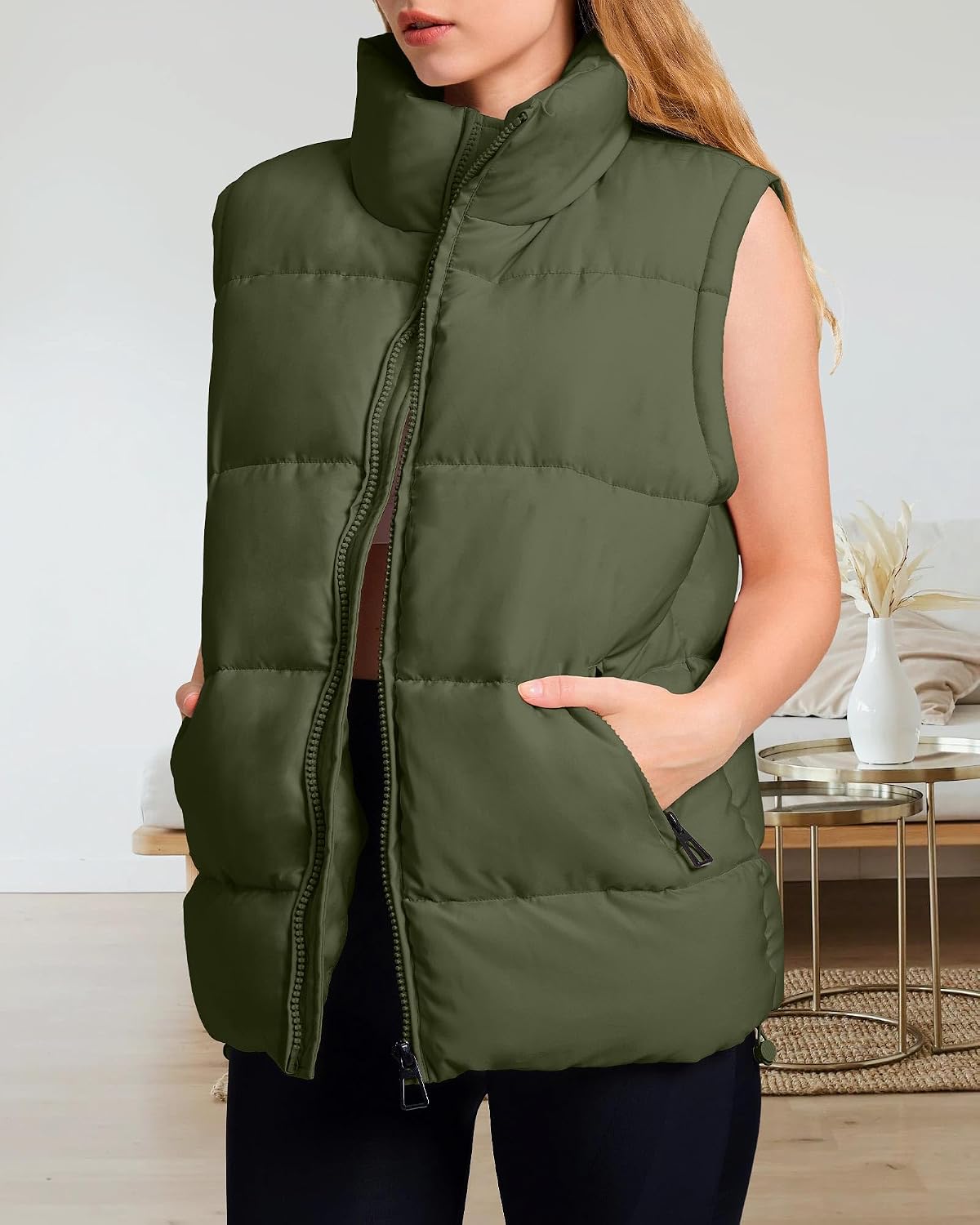 Womens Puffer Vest Oversized Lightweight Winter Sleeveless Zip Up Padded Stand Collar Jacket Coat Warm - Image 2