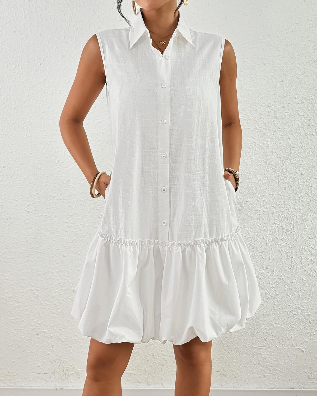 Womens Casual Summer Dresses Sleeveless Linen Bubble Mini Short Dress Button Down Shirt Sundress with Pockets - Image 2