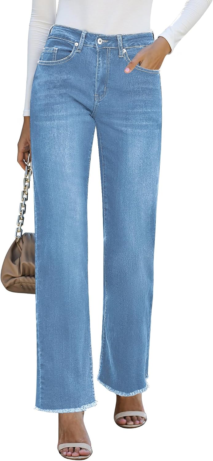 Straight Leg Jeans for Women High Waisted Stretchy Frayed Raw Hem Loose Denim Pants Casual Baggy Jean Trousers