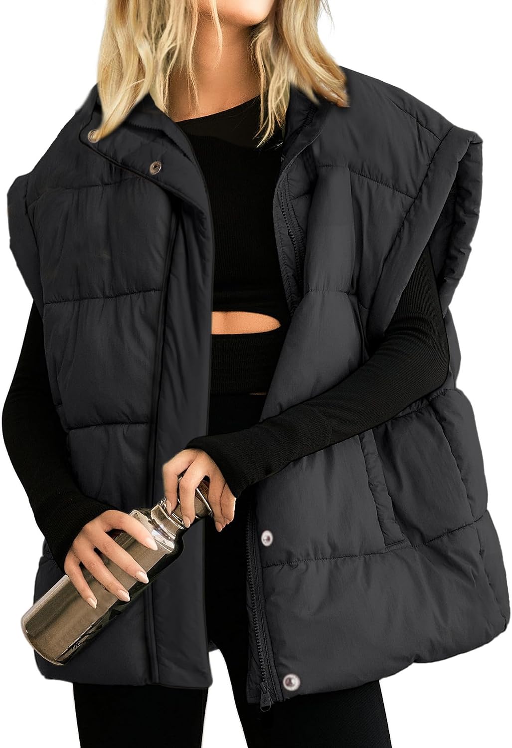 Womens Oversized Puffer Vest Stand Collar Full Zip Sleeveless Bubble Puffer Vest Quilted Padded Warm Coat Outwear