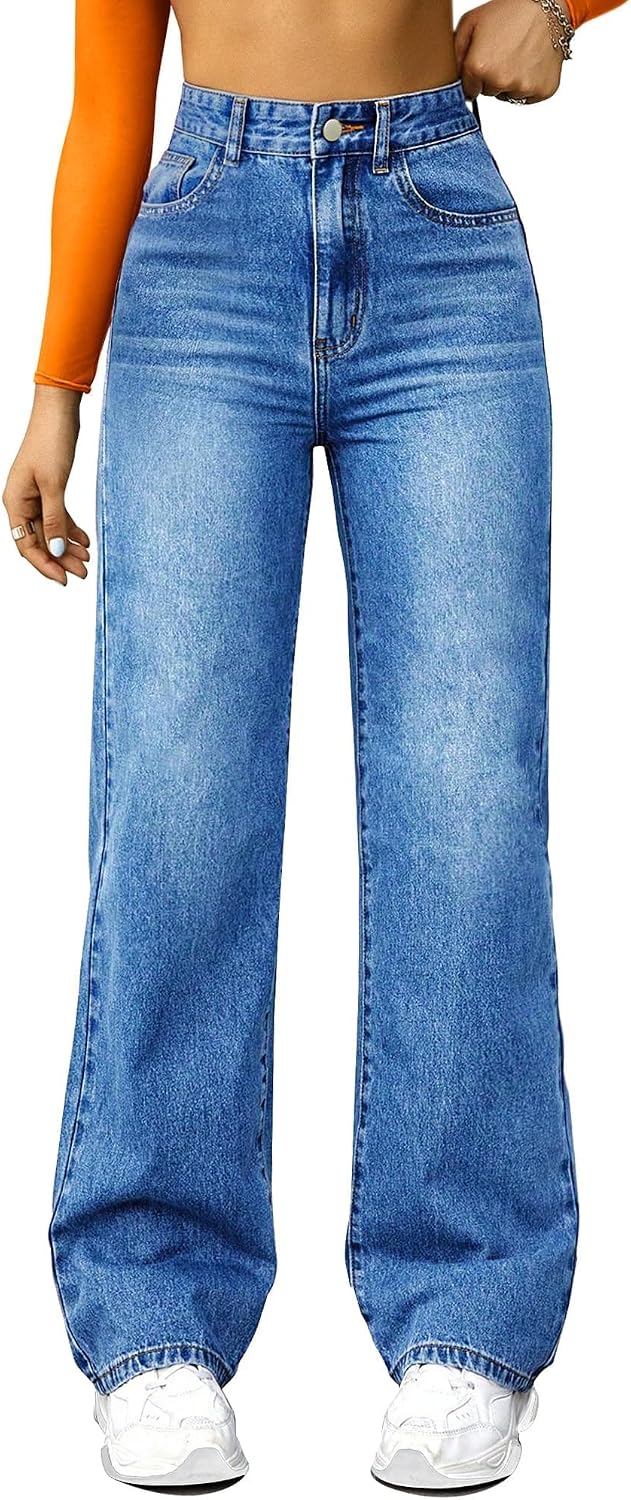 Straight Leg Jeans for Women,High Waisted Wide Leg Loose Microelastic Boyfriend Denim Pants