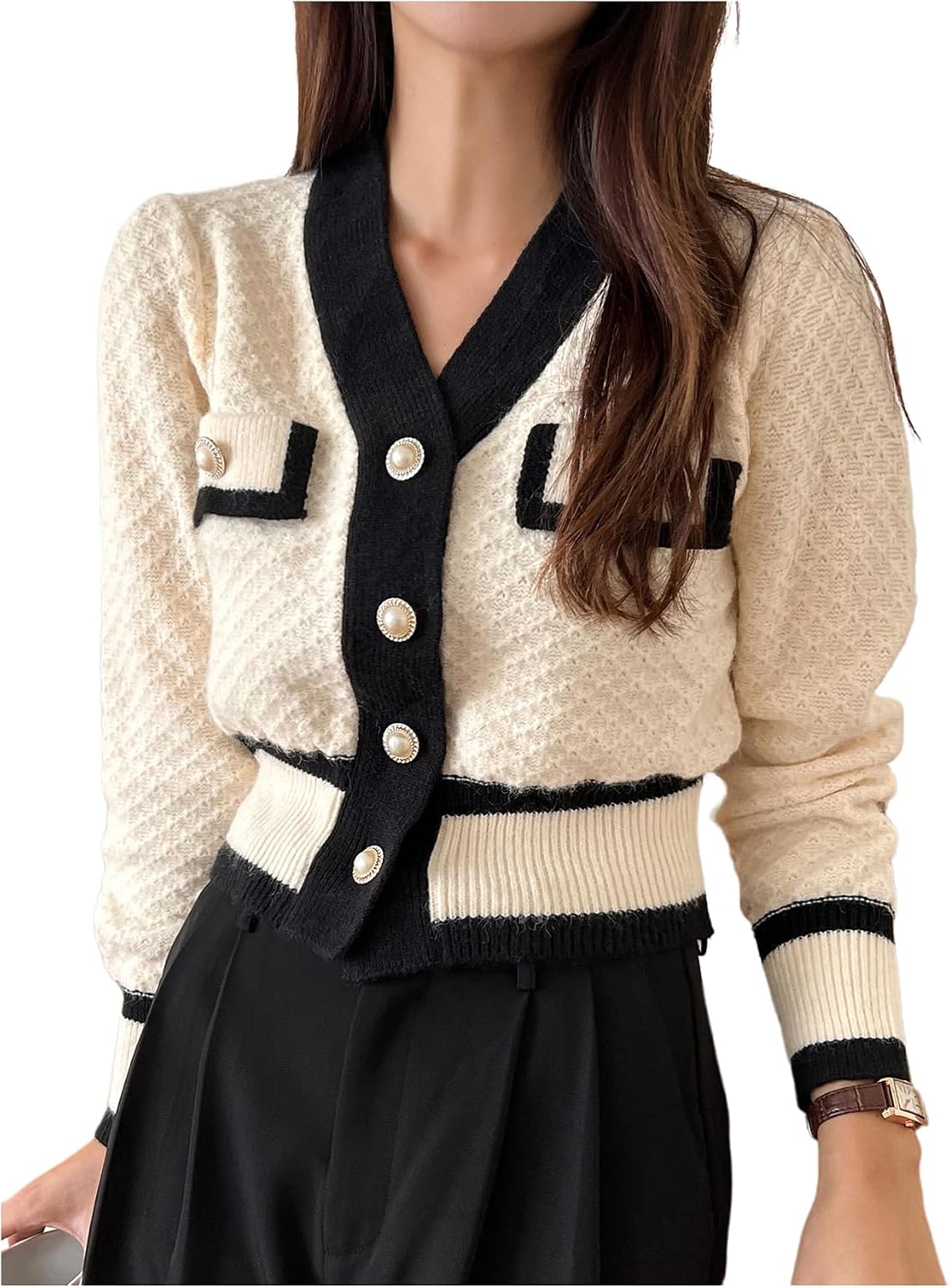 Women's Contrast Trim Long Sleeve Button Front V Neck Cardigan