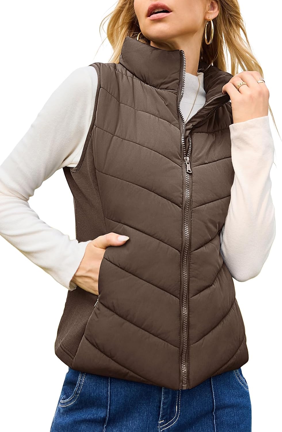 Puffer Vest Women Sleeveless Zip Up Outerwear Stand Collar Quilted Vest Warm Winter Jackets Coats with Pocket