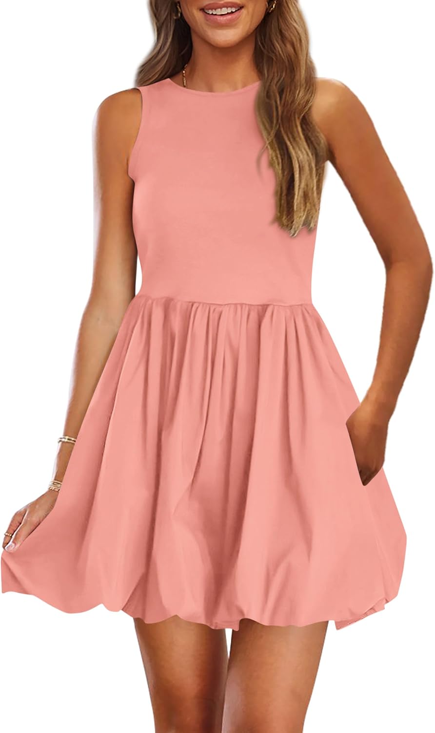 Summer Dresses for Women 2026 Casual Sleeveless Tank Mini Short Dress Crew Neck Bubble Sundress with Pockets