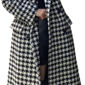 Women's Winter Houndstooth Double Breasted Trench Coat Notch Lapel Wool Blend Warm Quilted Lined Long Overcoat