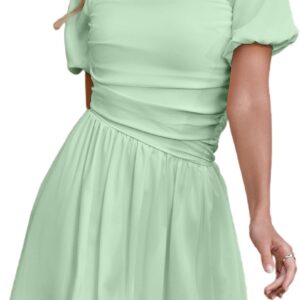 Women's Square Neck Short Puff Sleeve Bubble Dress Smocked Ruched Dresses Casual Wear