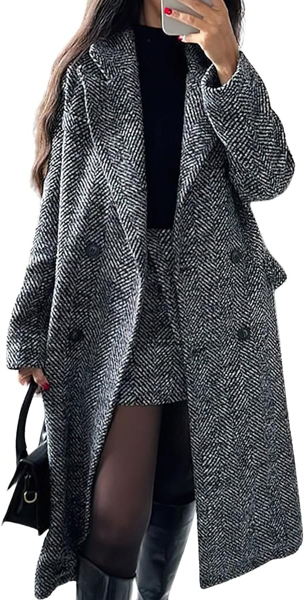 Women's Winter Casual Herringbone Wool Coat Double Breasted Notch Collar Dressy Long Trench Coat