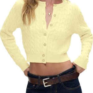 Women  Cute Button Up Open Front Cable Knit Cropped Cardigan Preppy Long Sleeve Pullover Sweater Fall Outfits