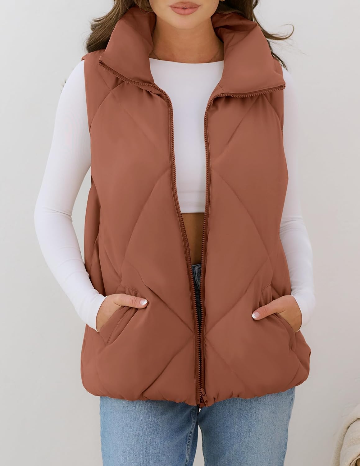 Womens Puffer Vest Sleeveless Zip Up Quilted Coat Stand Collar Gilet Jacket With Pockets - Image 2