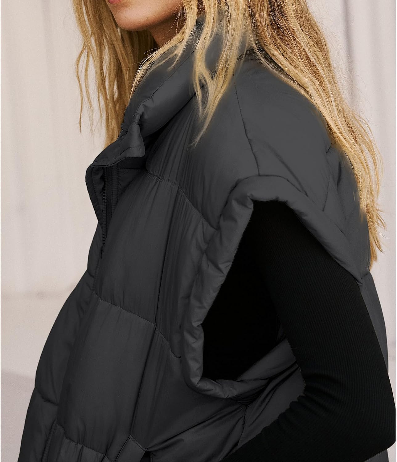 Womens Oversized Puffer Vest Stand Collar Full Zip Sleeveless Bubble Puffer Vest Quilted Padded Warm Coat Outwear - Image 2