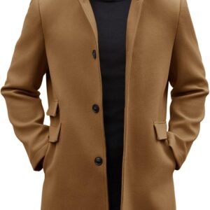 Mens Pea Coats Single Breasted Stand Collar Casual Slim Fit Trench Coat Mid Long Winter Overcoat with Pockets