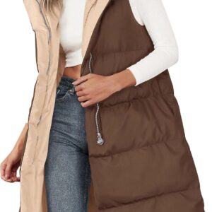 Womens Long Puffer Vest Fall Winter Trendy Zip Up Sleeveless Coat Down Jacket Quilted Hooded Warm Outerwear