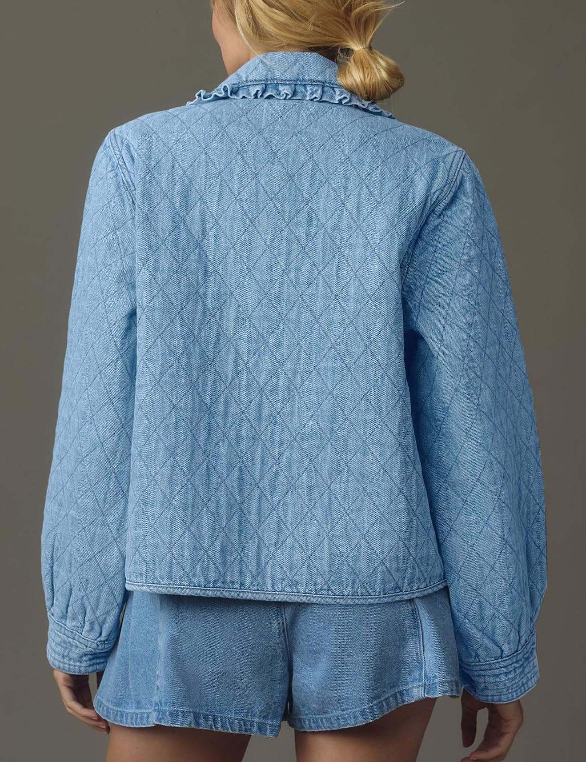 Women Denim Jacket Casual Long Sleeve Peter Pan Collar Denim Shirts Tie Front Shacket Loose Fit Top - Image 2