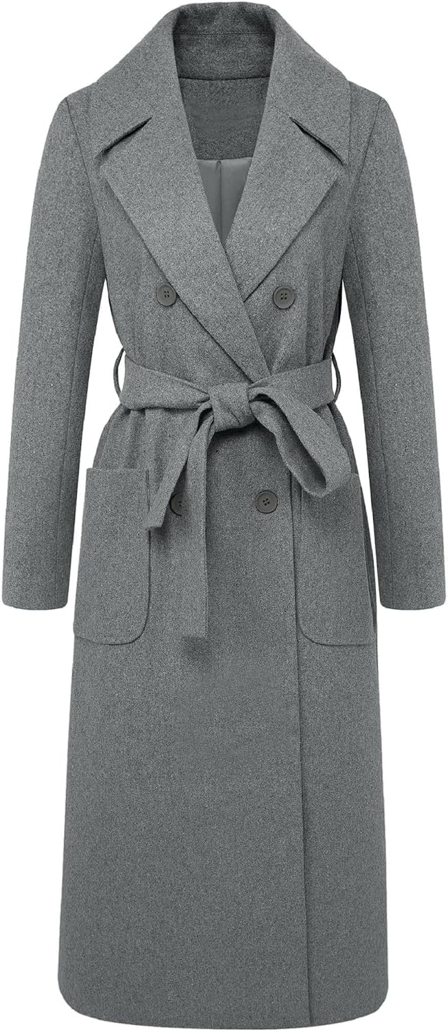 Women's Elegant Lapel Collar Double Breasted Regular Wool Blend Overcoat Coat Belt - Image 2