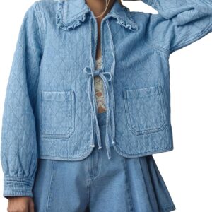 Women Denim Jacket Casual Long Sleeve Peter Pan Collar Denim Shirts Tie Front Shacket Loose Fit Top