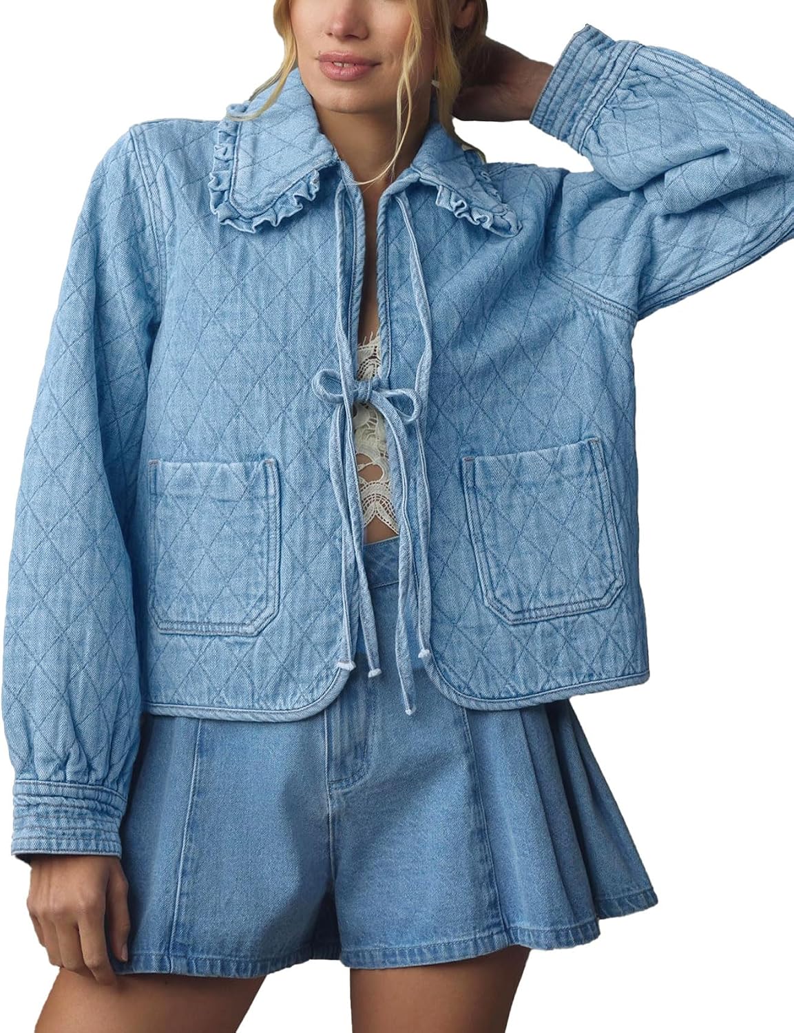 Women Denim Jacket Casual Long Sleeve Peter Pan Collar Denim Shirts Tie Front Shacket Loose Fit Top