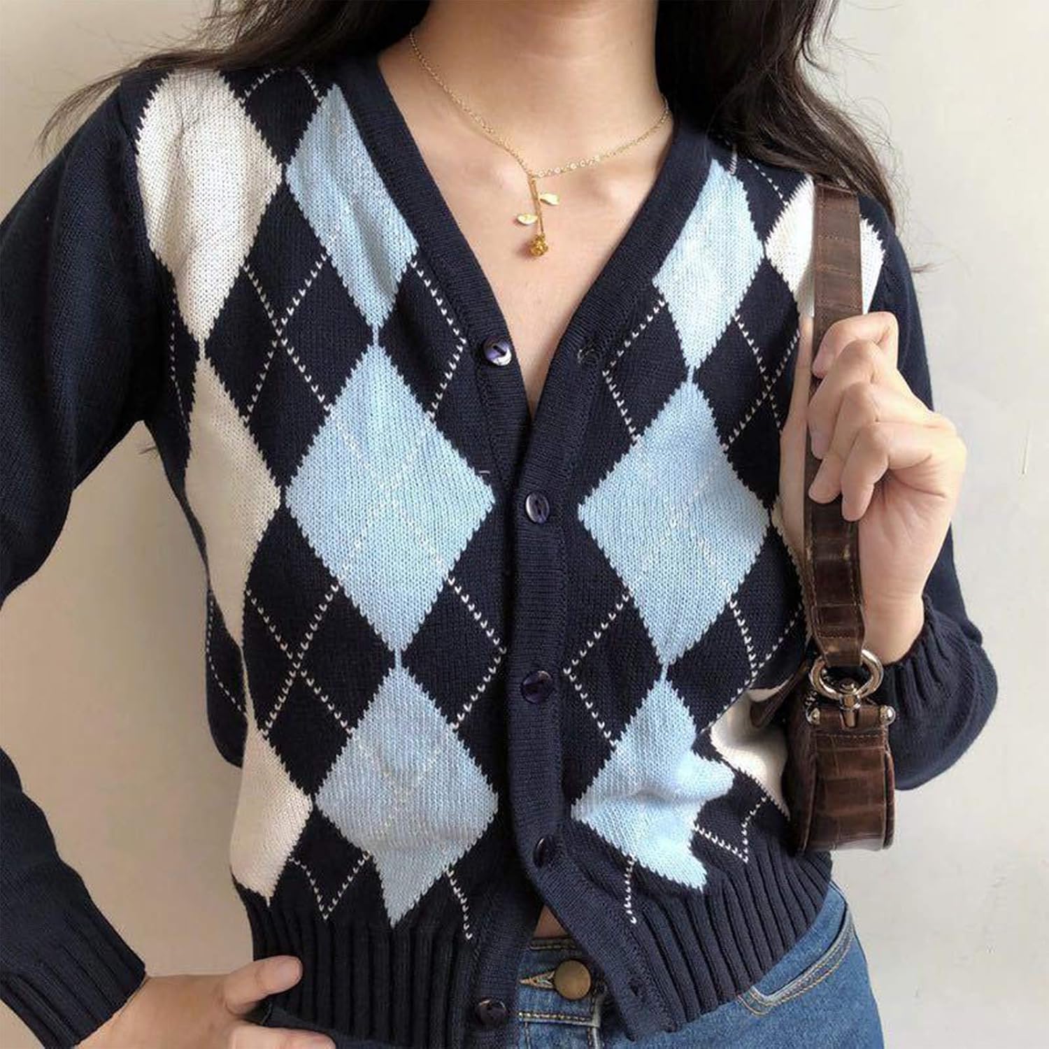Womens Sweaters,Women Long Sleeve Knitted Cardigan Vintage Argyle Sweater Coat Button Down Crop Top Outwear - Image 2